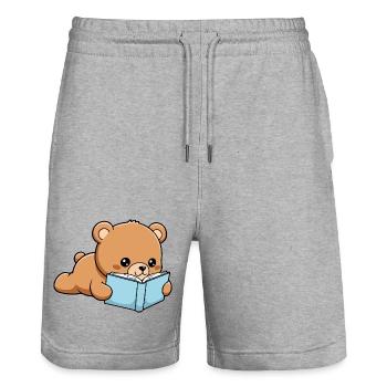 Book Bear Funny Bear reading Book - Stanley/Stella Trainer Unisex Organic Jogging Shorts - heather grey - Front - Nik (191cm) & Marisol (170cm)