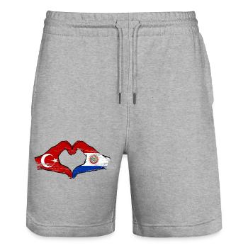 Türkei_Paraguay_Flagge_Hände_Herzform_used - Stanley/Stella Unisex Bio Joggingshorts Trainer  - Grau meliert - Vorne - Nik (191cm) & Marisol (170cm)