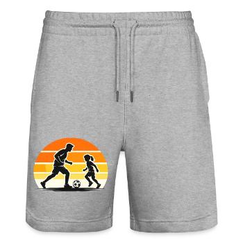 Football with child in retro sunset style - Stanley/Stella Trainer Unisex Organic Jogging Shorts - heather grey - Front - Nik (191cm) & Marisol (170cm)