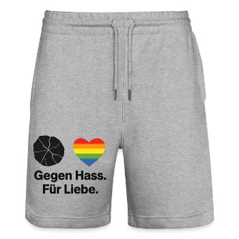 Liebe statt Hass Regenbogen Herz Spruch - Stanley/Stella Unisex Bio Joggingshorts Trainer  - Grau meliert - Vorne - Nik (191cm) & Marisol (170cm)