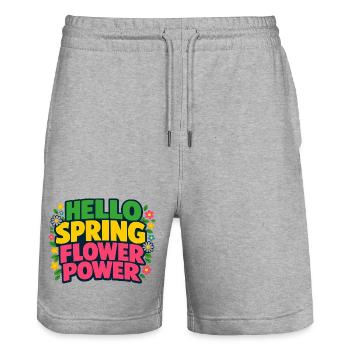 Hello Spring Flower Power Spring Saying - Stanley/Stella Trainer Unisex Organic Jogging Shorts - heather grey - Front - Nik (191cm) & Marisol (170cm)