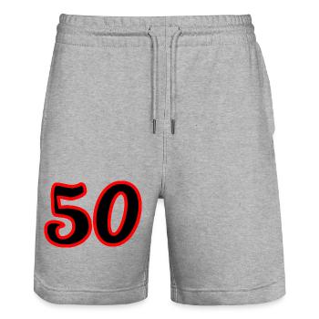 50. 50 YEARS. 50th ANNIVERSARY. 50 YEARS ANNIVERSARY. - Stanley/Stella Trainer Unisex Organic Jogging Shorts - heather grey - Front - Nik (191cm) & Marisol (170cm)