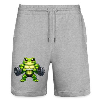 Strong frog with dumbbell cartoon - Stanley/Stella Trainer Unisex Organic Jogging Shorts - heather grey - Front - Nik (191cm) & Marisol (170cm)