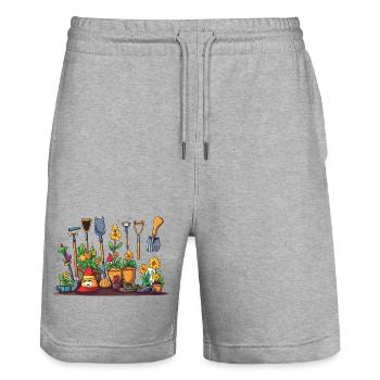 Gardening fun with flower tools - Stanley/Stella Trainer Unisex Organic Jogging Shorts - heather grey - Front - Nik (191cm) & Marisol (170cm)