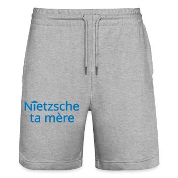 Nietzsche ta mère Bleu Clair - Short de jogging bio TRAINER Stanley/Stella unisexe - gris chiné - Devant - Nik (191cm) & Marisol (170cm)
