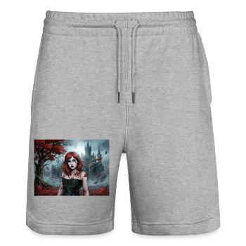 Femme gothique rousse dans la magie d’automne - Short de jogging bio TRAINER Stanley/Stella unisexe - gris chiné - Devant - Nik (191cm) & Marisol (170cm)