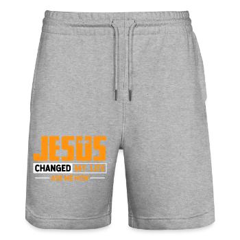 Jesus Changed My Life Ask Me How Design - Stanley/Stella Unisex Bio Joggingshorts Trainer  - Grau meliert - Vorne - Nik (191cm) & Marisol (170cm)