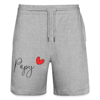 PAPY. PAPA. FÊTE DES PÈRES. BONNE FÊTE PAPY. FÊTE - Short de jogging bio TRAINER Stanley/Stella unisexe - gris chiné - Devant - Nik (191cm) & Marisol (170cm)