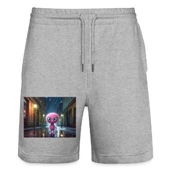 Pink fluff creature on rainy night - Stanley/Stella Trainer Unisex Organic Jogging Shorts - heather grey - Front - Nik (191cm) & Marisol (170cm)