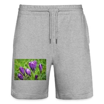 Grappe de crocus violet dans le jardin de printemps - Short de jogging bio TRAINER Stanley/Stella unisexe - gris chiné - Devant - Nik (191cm) & Marisol (170cm)