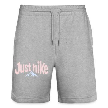 Logo de randonnée Just Hike avec des montagnes pastel - Short de jogging bio TRAINER Stanley/Stella unisexe - gris chiné - Devant - Nik (191cm) & Marisol (170cm)
