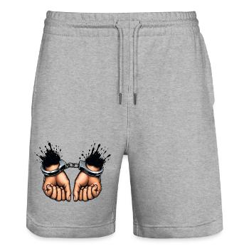 Bound Hands Rebellion Design - Stanley/Stella Trainer Unisex Organic Jogging Shorts - heather grey - Front - Nik (191cm) & Marisol (170cm)