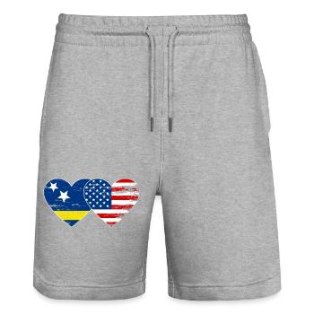 Cœur du drapeau des États-Unis de Curaçao utilisé - Short de jogging bio TRAINER Stanley/Stella unisexe - gris chiné - Devant - Nik (191cm) & Marisol (170cm)