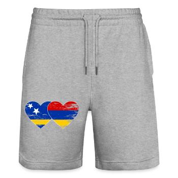 Curacao Armenien Flagge Herz used - Stanley/Stella Unisex Bio Joggingshorts Trainer  - Grau meliert - Vorne - Nik (191cm) & Marisol (170cm)