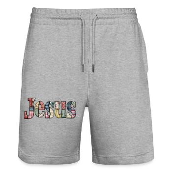 Patchwork Jesus Lettering - Stanley/Stella Trainer Unisex Organic Jogging Shorts - heather grey - Front - Nik (191cm) & Marisol (170cm)