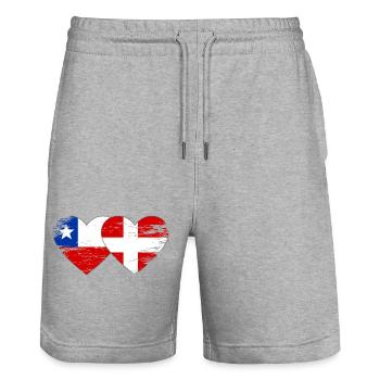 Chile Denmark flag heart used - Stanley/Stella Trainer Unisex Organic Jogging Shorts - heather grey - Front - Nik (191cm) & Marisol (170cm)