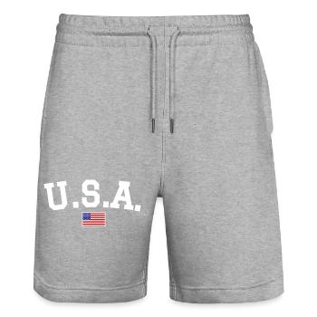 Drapeau américain Blanc - Short de jogging bio TRAINER Stanley/Stella unisexe - gris chiné - Devant - Nik (191cm) & Marisol (170cm)