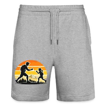 Dad Child Sunset Walking Adventure - Stanley/Stella Trainer Unisex Organic Jogging Shorts - heather grey - Front - Nik (191cm) & Marisol (170cm)