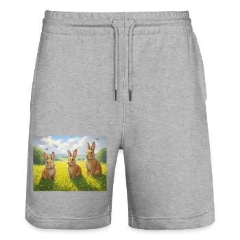 Trois lapins dans le champ de printemps - Short de jogging bio TRAINER Stanley/Stella unisexe - gris chiné - Devant - Nik (191cm) & Marisol (170cm)