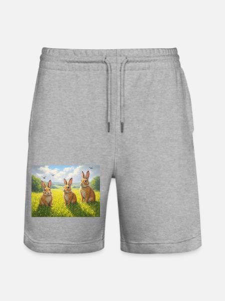 Three rabbits in the spring field - Stanley/Stella Trainer Unisex Organic Jogging Shorts - heather grey