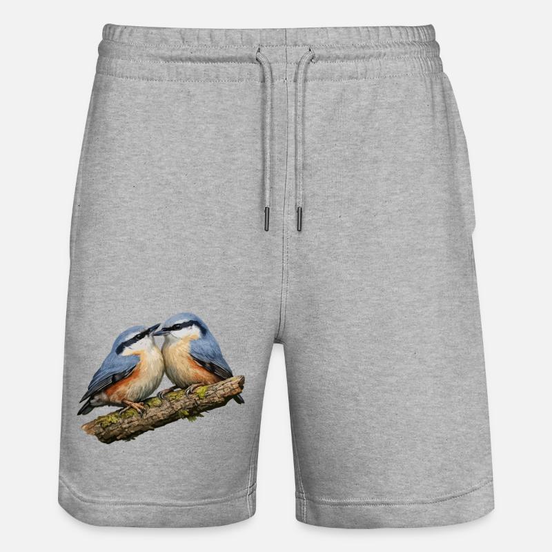 Two Nuthatches on Branch - Stanley/Stella Trainer Unisex Organic Jogging Shorts - heather grey
