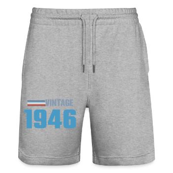 Tee 80 Ans Space Né(e) 1946 - Short de jogging bio TRAINER Stanley/Stella unisexe - gris chiné - Devant - Nik (191cm) & Marisol (170cm)