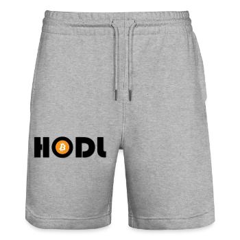 Bitcoin Symbol Print Orangene Münze - Stanley/Stella Unisex Bio Joggingshorts Trainer  - Grau meliert - Vorne - Nik (191cm) & Marisol (170cm)