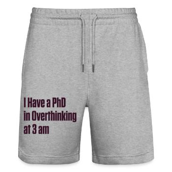 PhD in Overthinking at 3 AM — ND Humor - Stanley/Stella Trainer Unisex Organic Jogging Shorts - heather grey - Front - Nik (191cm) & Marisol (170cm)