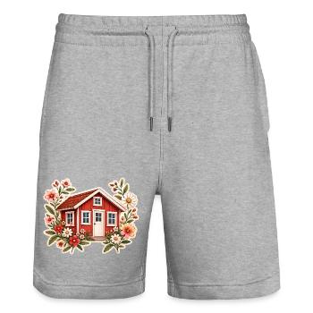 Rotes Schwedenhaus mit Blumen im Tinyhaus Stil  - Stanley/Stella Unisex Bio Joggingshorts Trainer  - Grau meliert - Vorne - Nik (191cm) & Marisol (170cm)