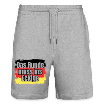 Das Runde muss ins Eckige - Spruch - Stanley/Stella Unisex Bio Joggingshorts Trainer  - Grau meliert - Vorne - Nik (191cm) & Marisol (170cm)