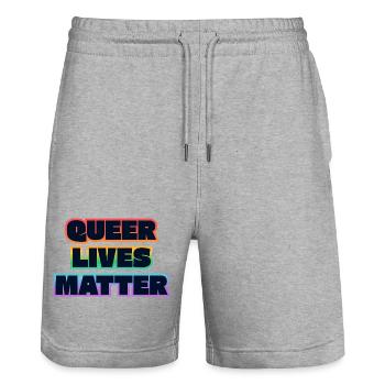 Queer Lives Matter Rainbow Dark Text - Stanley/Stella Trainer Unisex Organic Jogging Shorts - heather grey - Front - Nik (191cm) & Marisol (170cm)