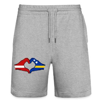 Latvia Curaçao Flag Hands Heart Shape - Stanley/Stella Trainer Unisex Organic Jogging Shorts - heather grey - Front - Nik (191cm) & Marisol (170cm)