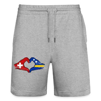 Switzerland Curacao Flag Hands Heart Shape Used - Stanley/Stella Trainer Unisex Organic Jogging Shorts - heather grey - Front - Nik (191cm) & Marisol (170cm)