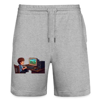 Retro-Gamer Kind am PC - Stanley/Stella Unisex Bio Joggingshorts Trainer  - Grau meliert - Vorne - Nik (191cm) & Marisol (170cm)