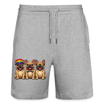 3 Frenchies Pride Dogs Rainbow Colors LGBTQ - Stanley/Stella Trainer Unisex Organic Jogging Shorts - heather grey - Front - Nik (191cm) & Marisol (170cm)