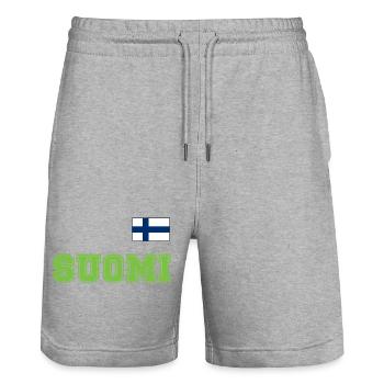 FINNLAND - SUOMI Trikot Look - Flagge auf Brust - Stanley/Stella Unisex Bio Joggingshorts Trainer  - Grau meliert - Vorne - Nik (191cm) & Marisol (170cm)