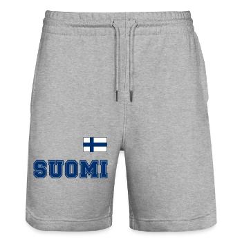 FINNLAND - SUOMI Trikot Look - Flagge auf Brust - Stanley/Stella Unisex Bio Joggingshorts Trainer  - Grau meliert - Vorne - Nik (191cm) & Marisol (170cm)