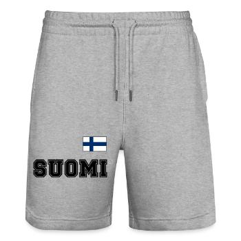 FINNLAND - SUOMI Trikot Look - Flagge auf Brust - Stanley/Stella Unisex Bio Joggingshorts Trainer  - Grau meliert - Vorne - Nik (191cm) & Marisol (170cm)