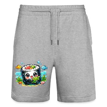 Kawaii Sushi Meerfreund - Stanley/Stella Trainer Unisex Organic Jogging Shorts - heather grey - Front - Nik (191cm) & Marisol (170cm)