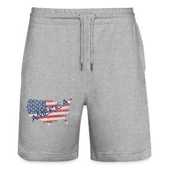 America Flag Lettering - Stanley/Stella Trainer Unisex Organic Jogging Shorts - heather grey - Front - Nik (191cm) & Marisol (170cm)