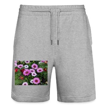 Pink Blossom Magic Mosaic - Stanley/Stella Trainer Unisex Organic Jogging Shorts - heather grey - Front - Nik (191cm) & Marisol (170cm)