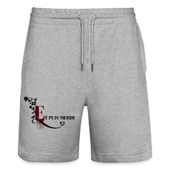 Phrase culte lectrice Dark Romance - Et puis merde - Short de jogging bio TRAINER Stanley/Stella unisexe - gris chiné - Devant - Nik (191cm) & Marisol (170cm)