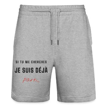 Je suis déjà parti – message énigmatique - Short de jogging bio TRAINER Stanley/Stella unisexe - gris chiné - Devant - Nik (191cm) & Marisol (170cm)