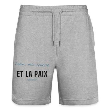 Eau et Paix: Script Bleu et Lettrage Noir - Short de jogging bio TRAINER Stanley/Stella unisexe - gris chiné - Devant - Nik (191cm) & Marisol (170cm)
