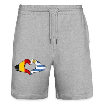 Belgium Uruguay flag hands heart shape used - Stanley/Stella Trainer Unisex Organic Jogging Shorts - heather grey - Front - Nik (191cm) & Marisol (170cm)