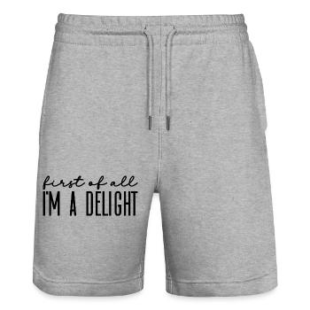 First of all I'm a delight Spruch Design - Stanley/Stella Trainer Unisex Organic Jogging Shorts - heather grey - Front - Nik (191cm) & Marisol (170cm)
