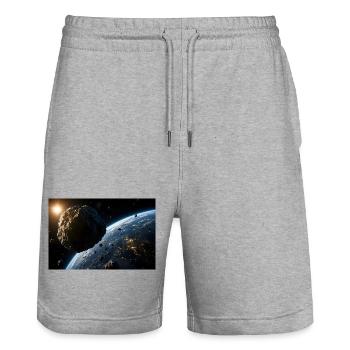 Cinematic Asteroid Approaching Planet Earth - Stanley/Stella Trainer Unisex Organic Jogging Shorts - heather grey - Front - Nik (191cm) & Marisol (170cm)