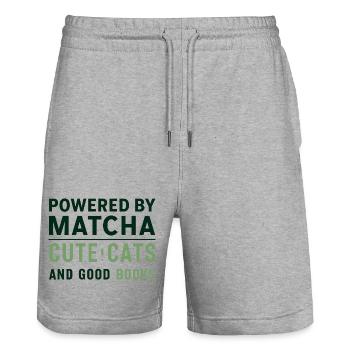 Matcha Cat Books T-Shirt Gift Bookworms - Stanley/Stella Trainer Unisex Organic Jogging Shorts - heather grey - Front - Nik (191cm) & Marisol (170cm)