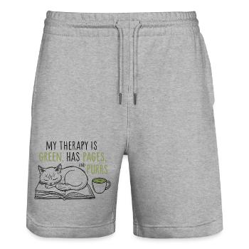 Cozy Book Lover Katze & Matcha T-Shirt Geschenk - Stanley/Stella Unisex Bio Joggingshorts Trainer  - Grau meliert - Vorne - Nik (191cm) & Marisol (170cm)