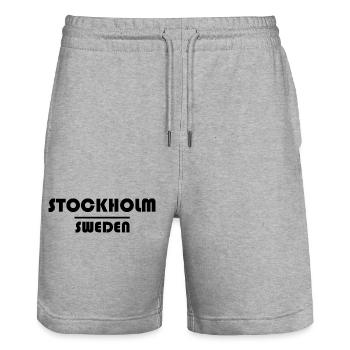 Stockholm Motif text with City Silhouette - Stanley/Stella Trainer Unisex Organic Jogging Shorts - heather grey - Front - Nik (191cm) & Marisol (170cm)